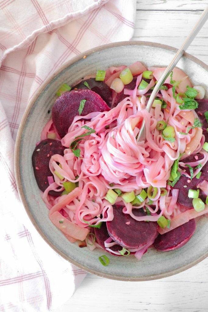 Pink Beet Onion Pasta - healthy vegan and gluten-free alternative