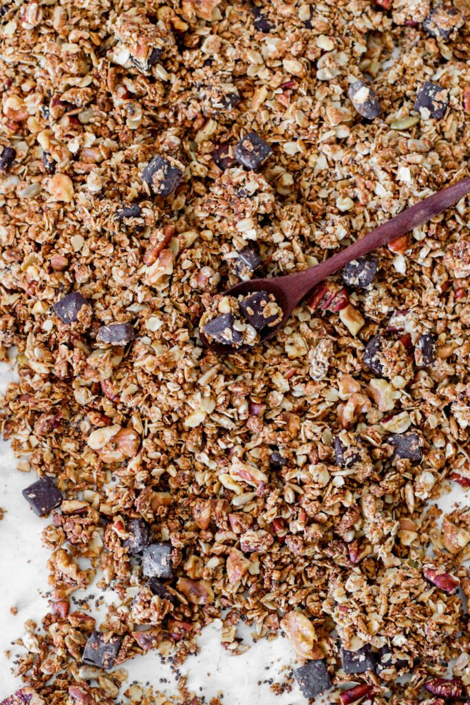 Tahini chocolate granola - easy versatile granola rich in superfood . Slightly salted and with a delicious tahini aftertaste.