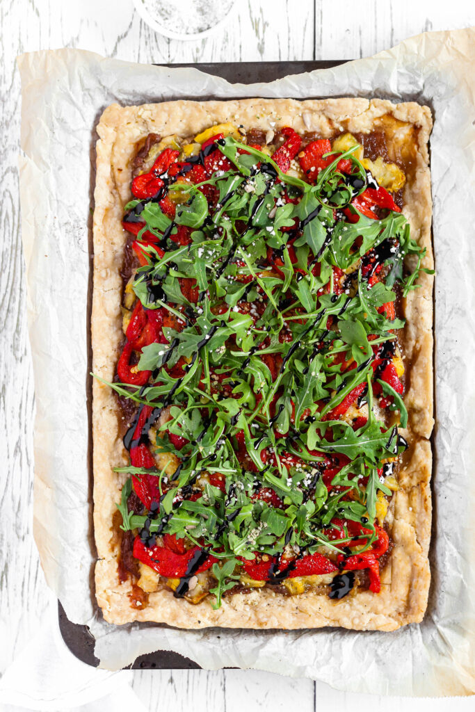 Gluten-Free Puff Pastry Pepper Onion Pie - Mouth-watering savory tart, a great alternative to regular puff pastry pie.&nbsp;